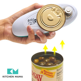 Kitchen Mama teal can opener in kitchen setup, aids quick prep