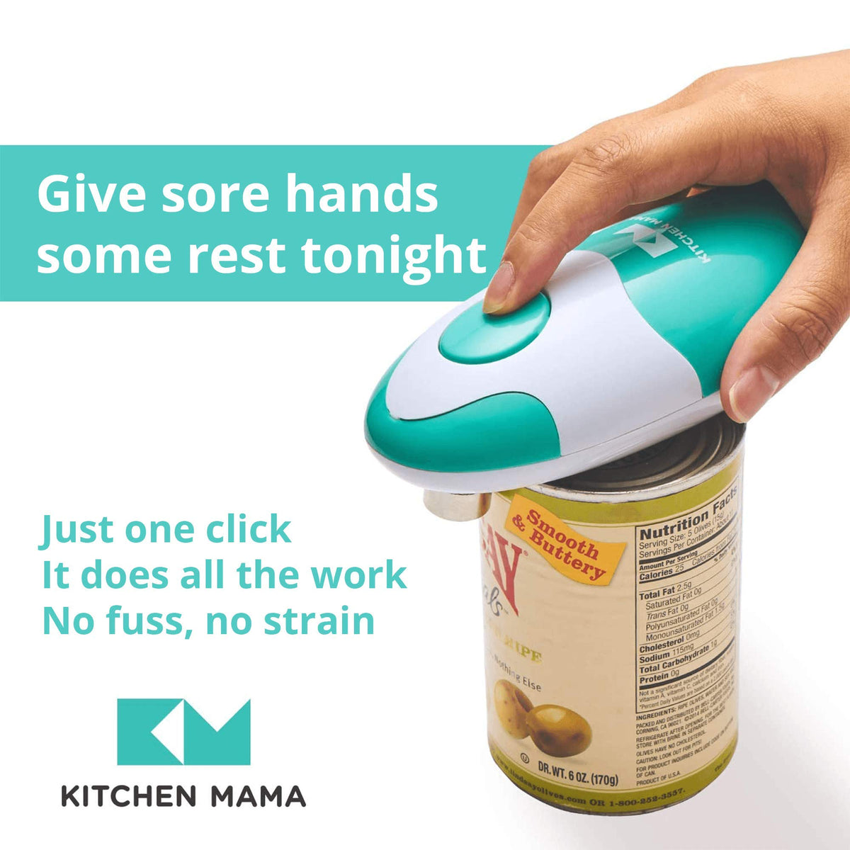 Kitchen Mama teal can opener close-up shows smooth-edge cutting