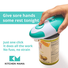 Kitchen Mama teal can opener close-up shows smooth-edge cutting