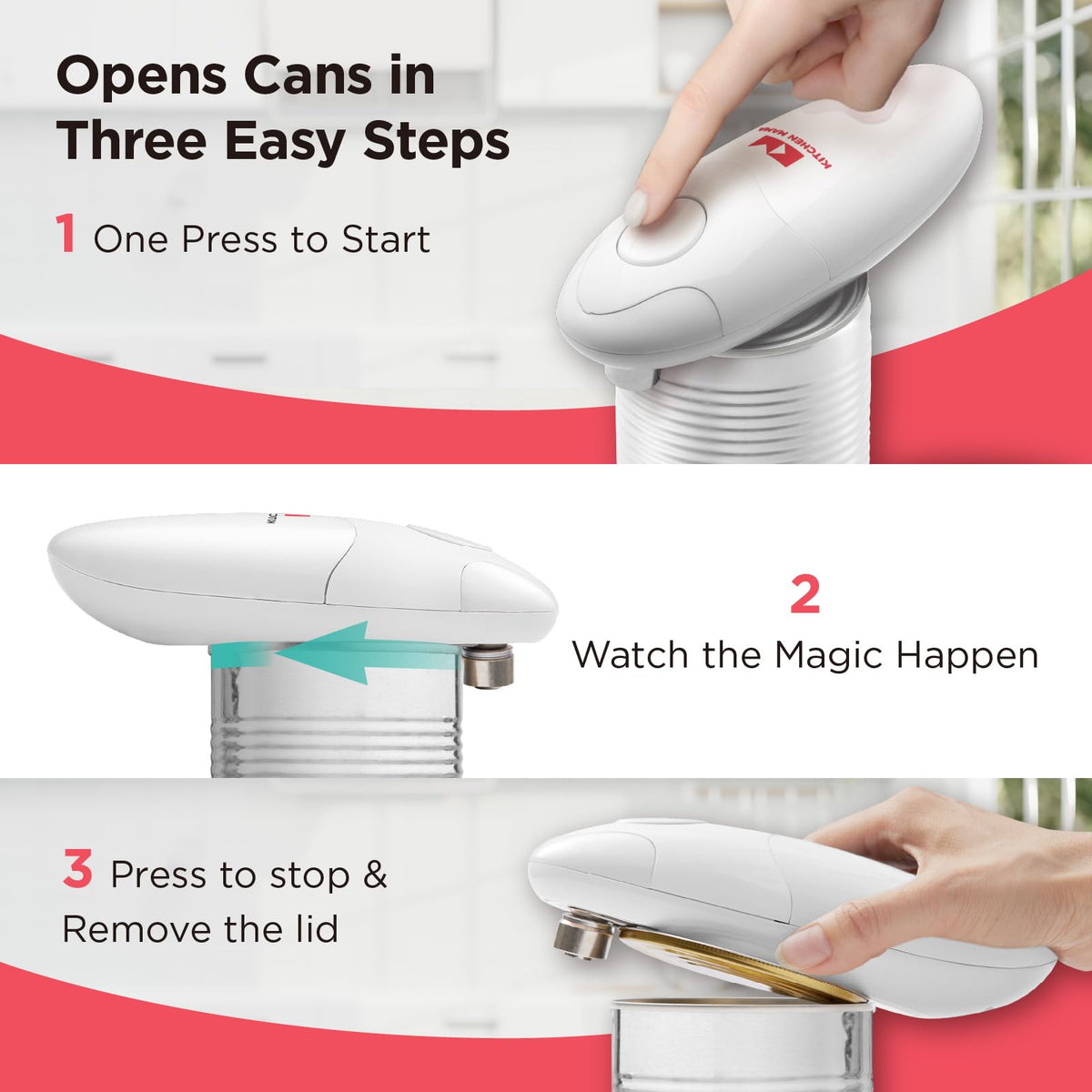 Kitchen Mama Auto Electric Can Opener white in use demonstrates hands-free operation