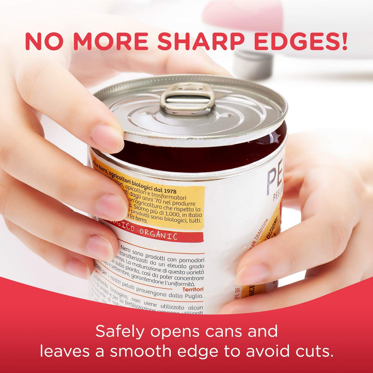 Kitchen Mama hands-free opening emphasizes ease for seniors and arthritis sufferers.