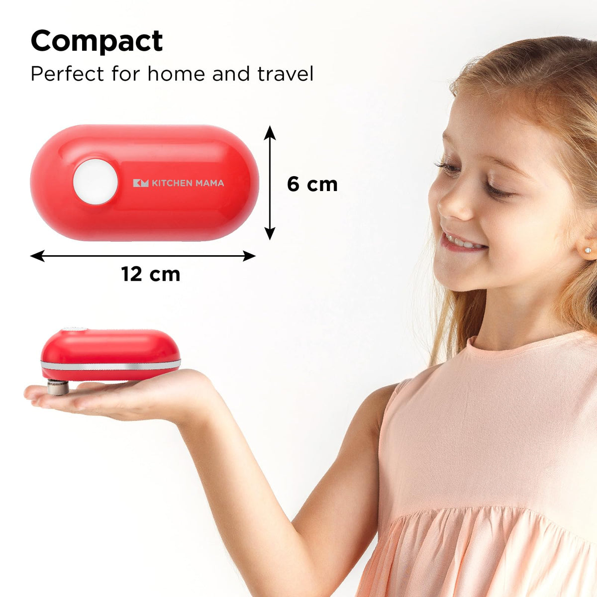 Kitchen Mama Mini Plus hands-free-operation demonstrates effortless can opening for seniors.