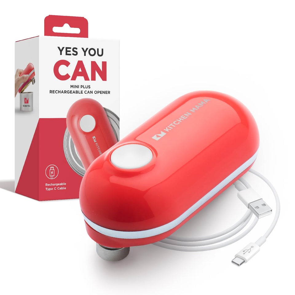 Kitchen Mama Mini Plus open-can-action shows a smooth-edge cut for safer food prep.