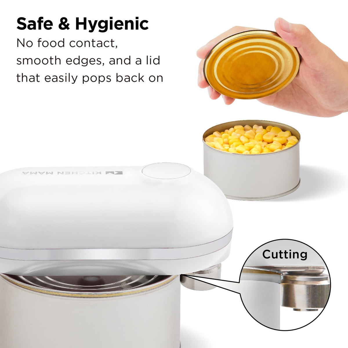 Kitchen Mama Mini Plus smooth-edge cutting prevents sharp can rims