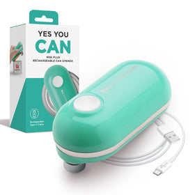Kitchen Mama Mini Plus Teal in hands-free use for effortless can opening