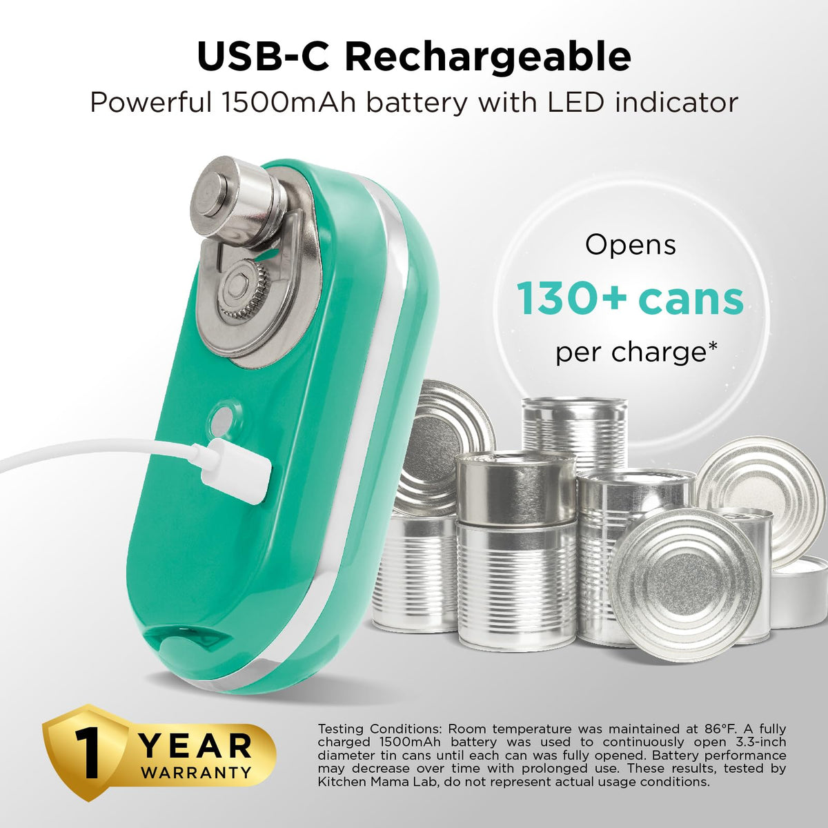 Kitchen Mama Mini Plus Teal USB-C recharge for cordless convenience