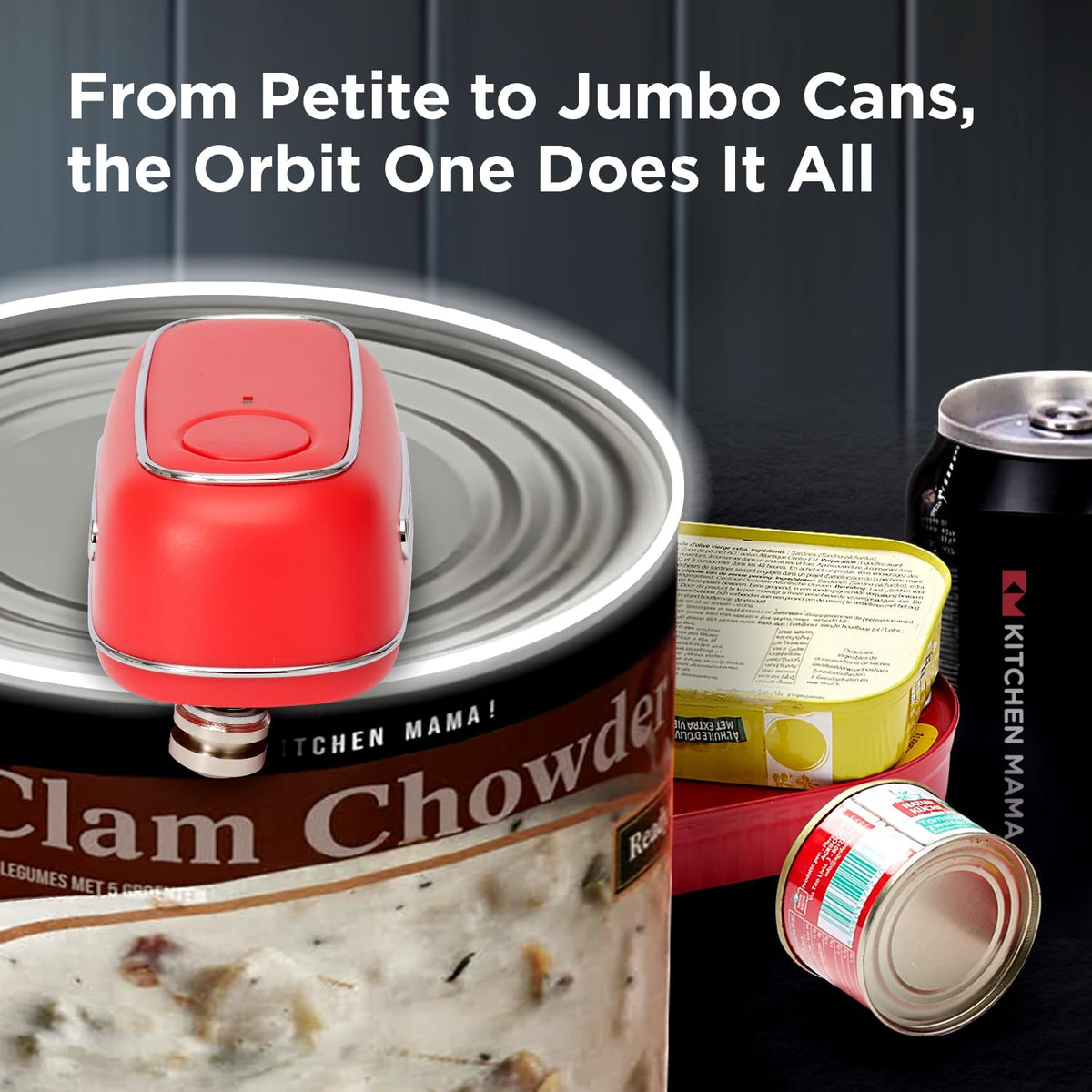 Kitchen Mama Orbit One USB-C charging; convenient recharge for travel use.