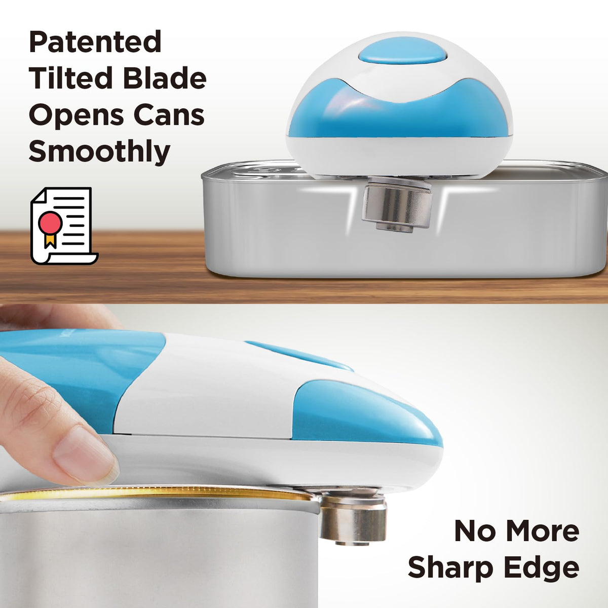 Kitchen Mama smooth-edge blade designed for safe, comfortable can handling.