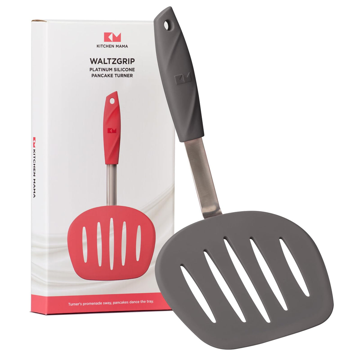 Kitchen Mama WaltzGrip platinum silicone head gliding under pancakes for easy flip