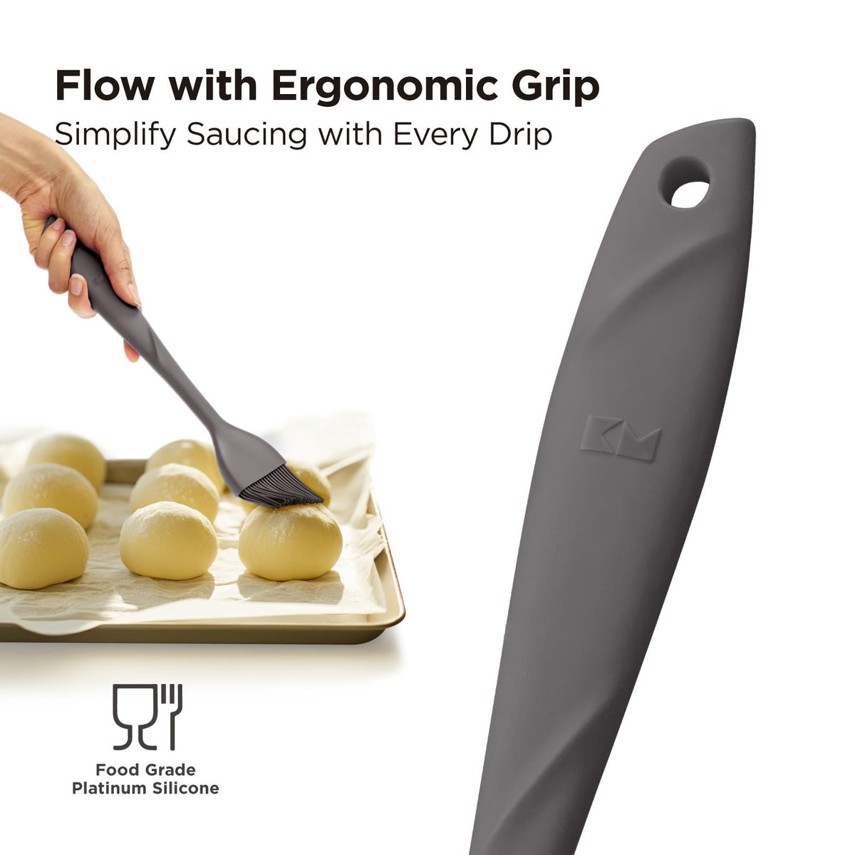 Kitchen Mama WaltzGrip silicone bristles close-up showcase heat resistance and flexible performance.