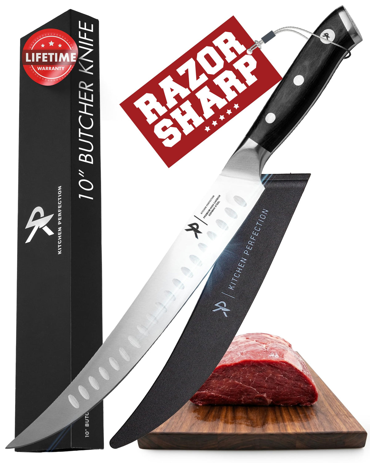 Kitchen Perfection 10” butcher knife blade close-up for precise meat cutting.