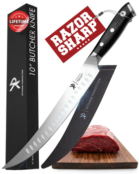 Kitchen Perfection 10” butcher knife blade close-up for precise meat cutting.