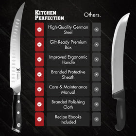 Gift-ready Kitchen Perfection knife with sheath and bonus guides.