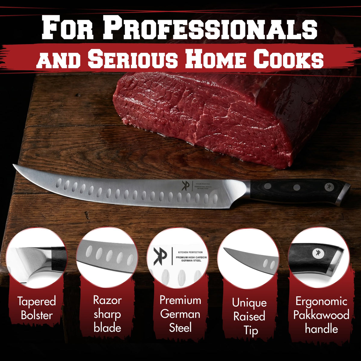 Kitchen Perfection 10” butcher knife with full tang pakkawood handle for secure grip.