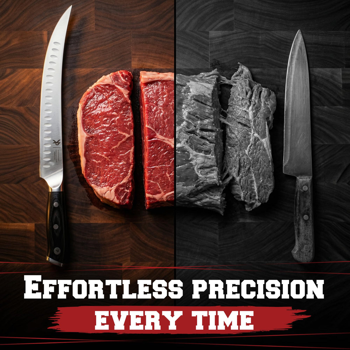 In-action meat cut with Kitchen Perfection 10” butcher knife for clean slices.