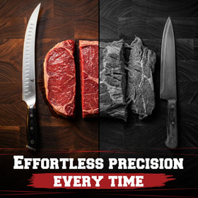 In-action meat cut with Kitchen Perfection 10” butcher knife for clean slices.