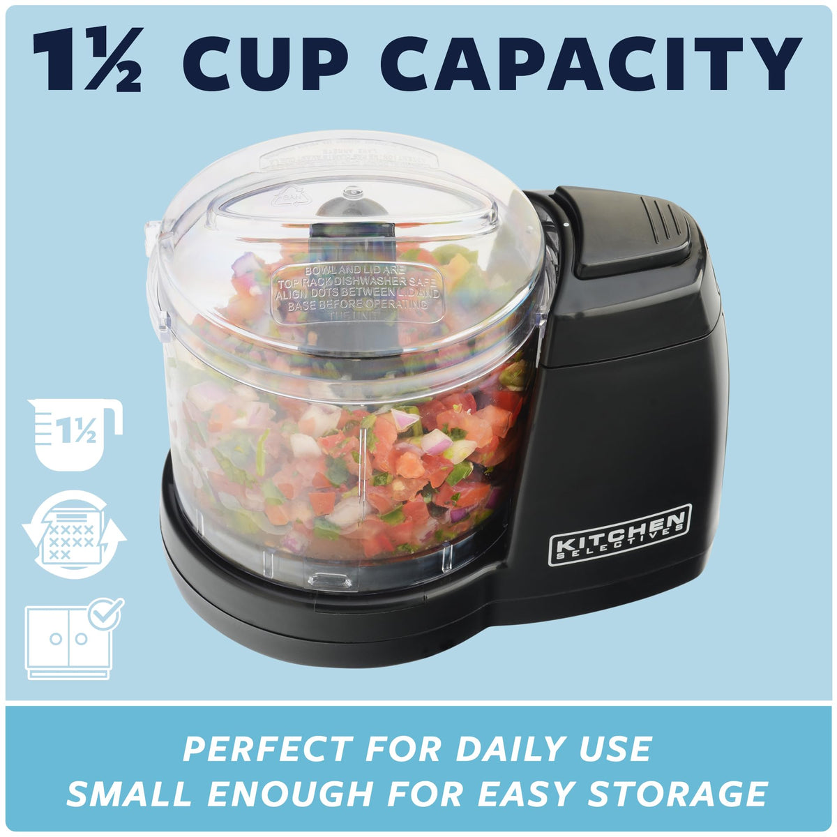 Kitchen Selectives Mini Chopper stainless steel blades deliver quick, even chopping.