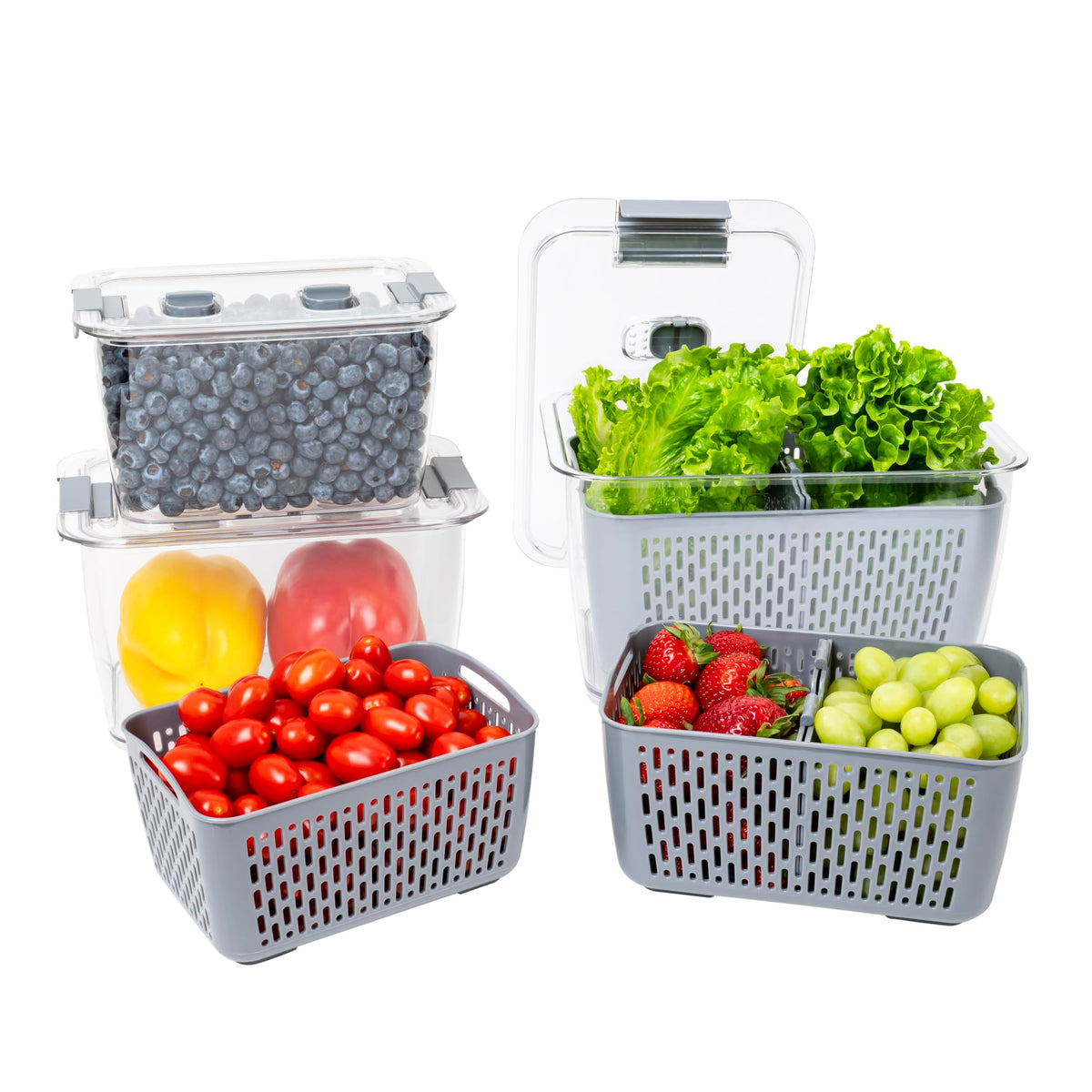 Kitchen Spaces stackable fridge storage colander stacked in fridge keeps produce organized.