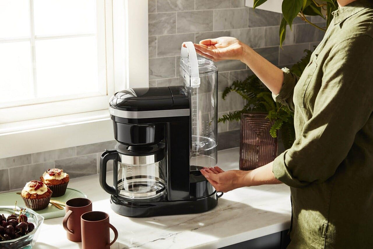 KitchenAid 12-cup coffee maker pour spout prevents drips.
