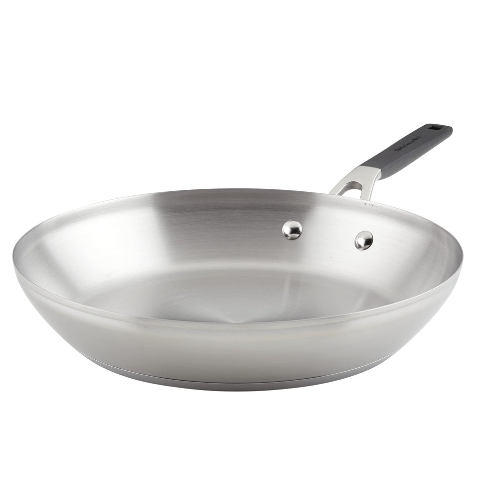 KitchenAid 12-inch frying pan with brushed base for even heating.