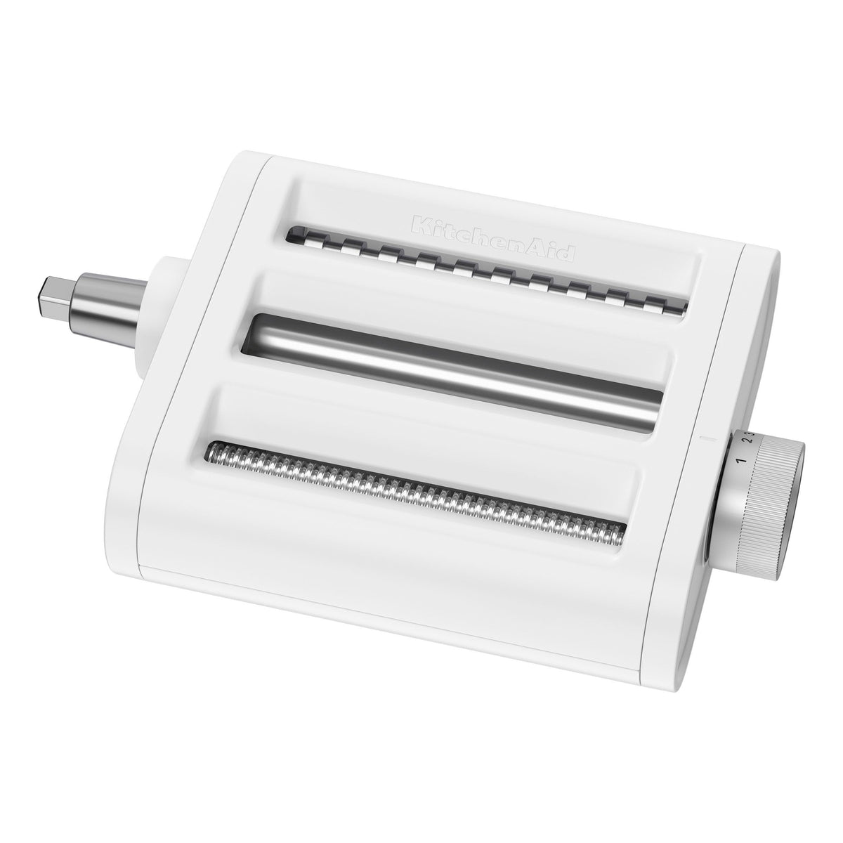 KitchenAid 3-in-1 pasta attachment fettuccine-cut for ribbon-like strands.
