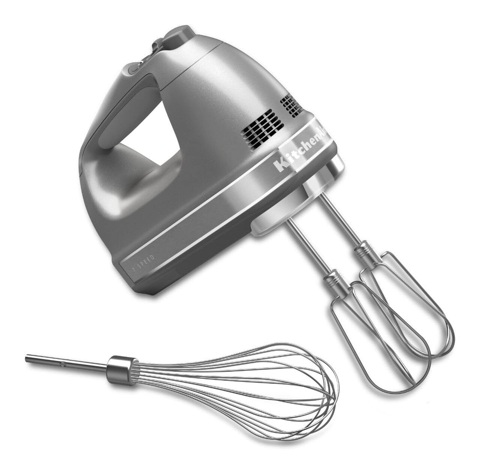 KitchenAid 7-Speed Hand Mixer in contour silver for everyday mixing on a clean counter.