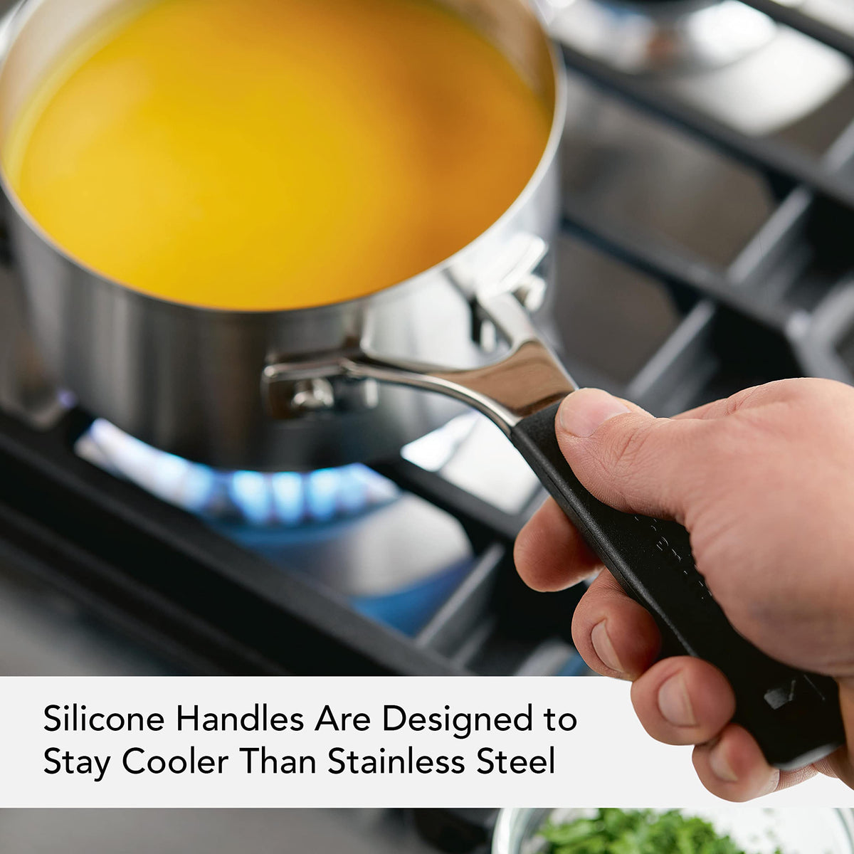 KitchenAid 71018 saucepan with silicone grip handle stays cooler while cooking