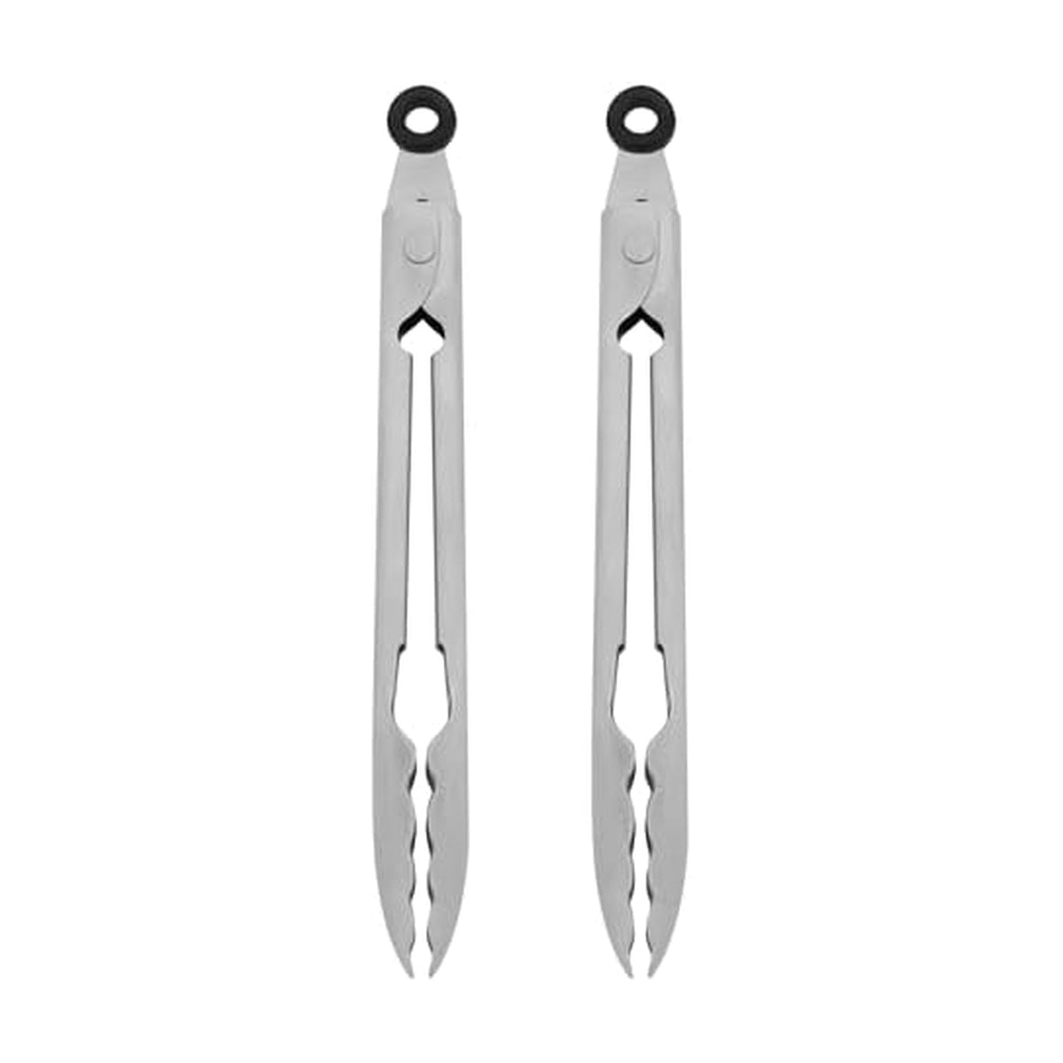 KitchenAid 7-inch stainless steel tongs with scalloped edges grip food securely.