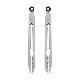 KitchenAid 7-inch stainless steel tongs with scalloped edges grip food securely.