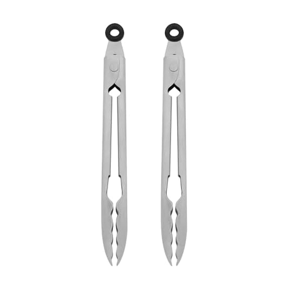 KitchenAid 7-inch stainless steel tongs with scalloped edges grip food securely.