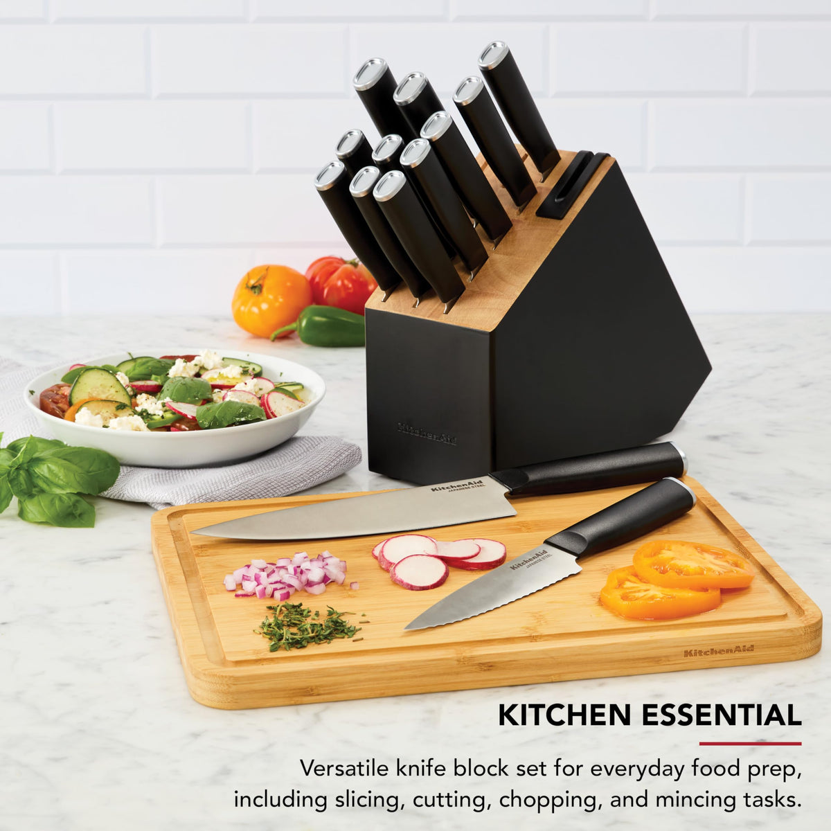 KitchenAid 8-inch chef knife with ergonomic handle for precise, comfortable slicing.