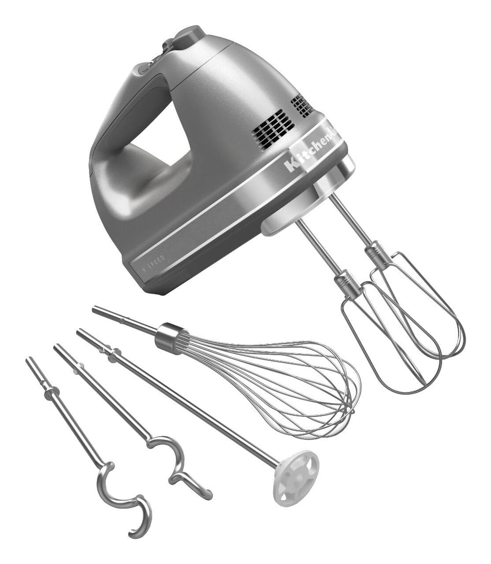 KitchenAid 9-speed hand mixer with Turbo Beater II attachments for dense batters and doughs