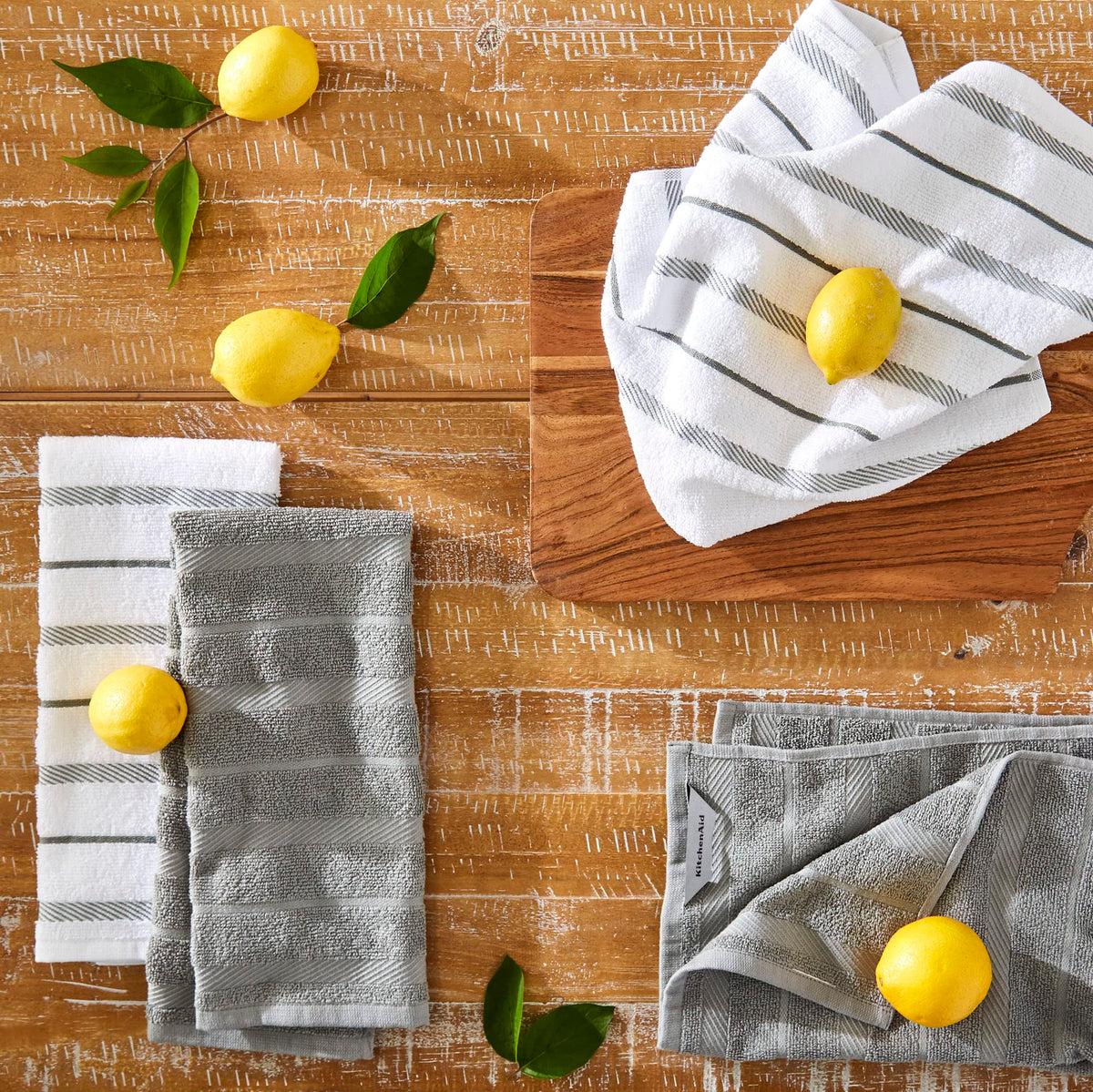 KitchenAid Albany striped towels provide durable everyday cleaning with a soft cotton blend