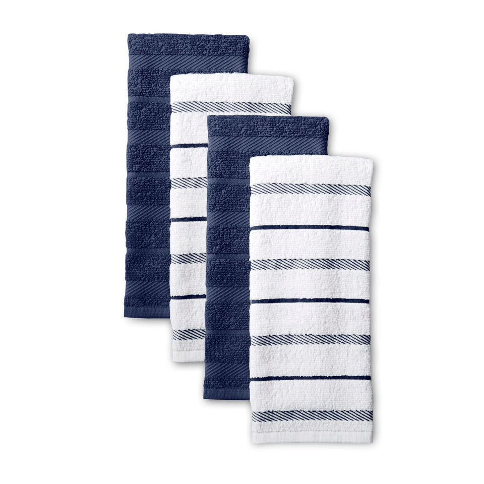 KitchenAid Albany solid blue towel absorbs spills for quick cleanup.