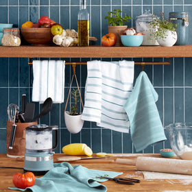 KitchenAid Albany striped aqua-white towel, durable blend ideal for everyday kitchen tasks.