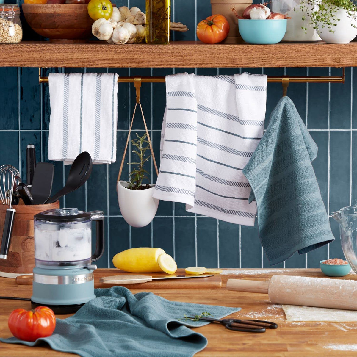 KitchenAid Albany striped towels fog blue white durable daily use