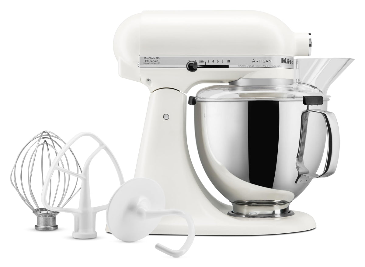 KitchenAid Artisan 5-Quart Tilt-Head Mixer with stainless bowl for large batches.
