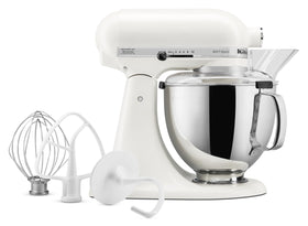 KitchenAid Artisan 5-Quart Tilt-Head Mixer with stainless bowl for large batches.