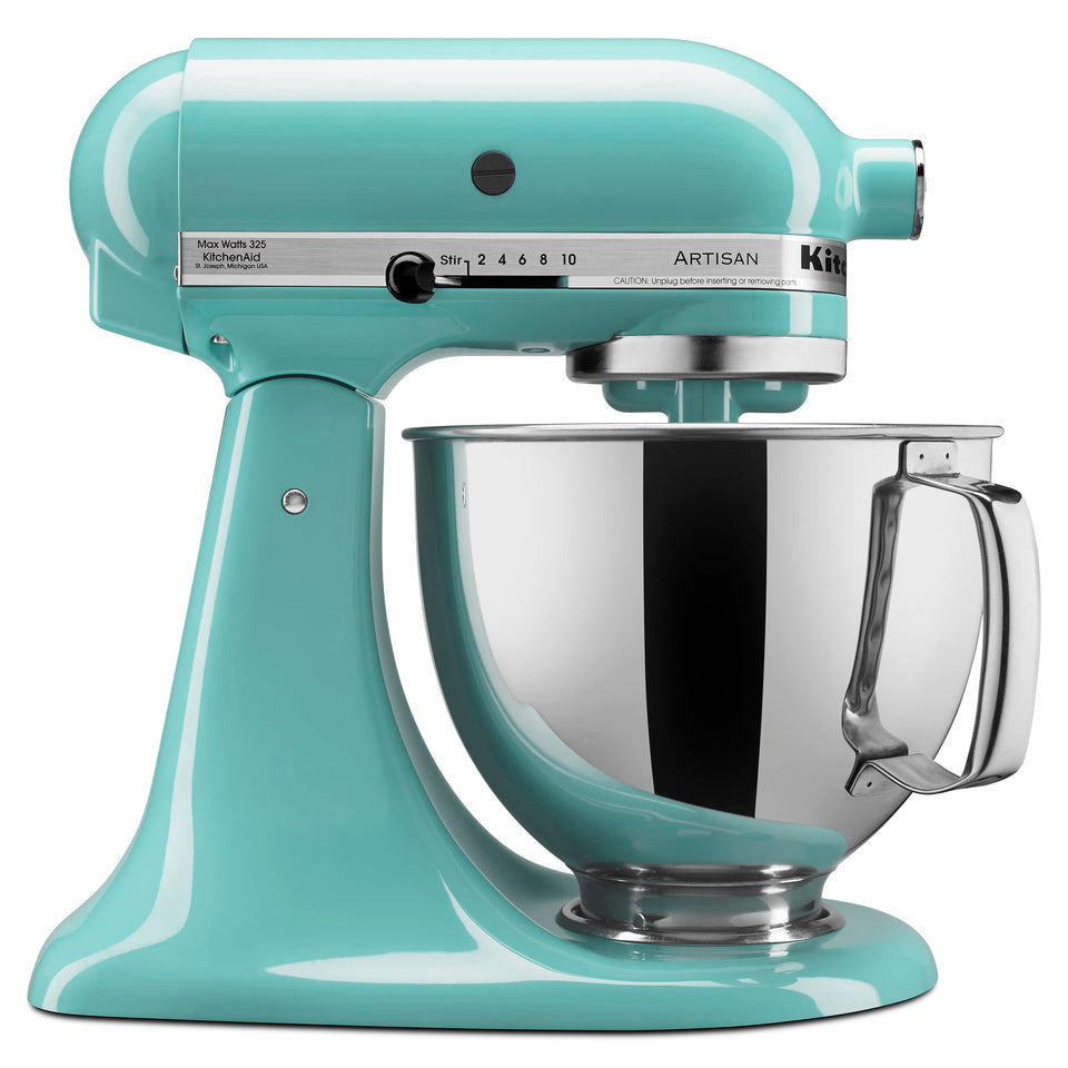 KitchenAid Artisan 5-Quart Tilt-Head Mixer Aqua Sky ready for large-batch cookie dough.
