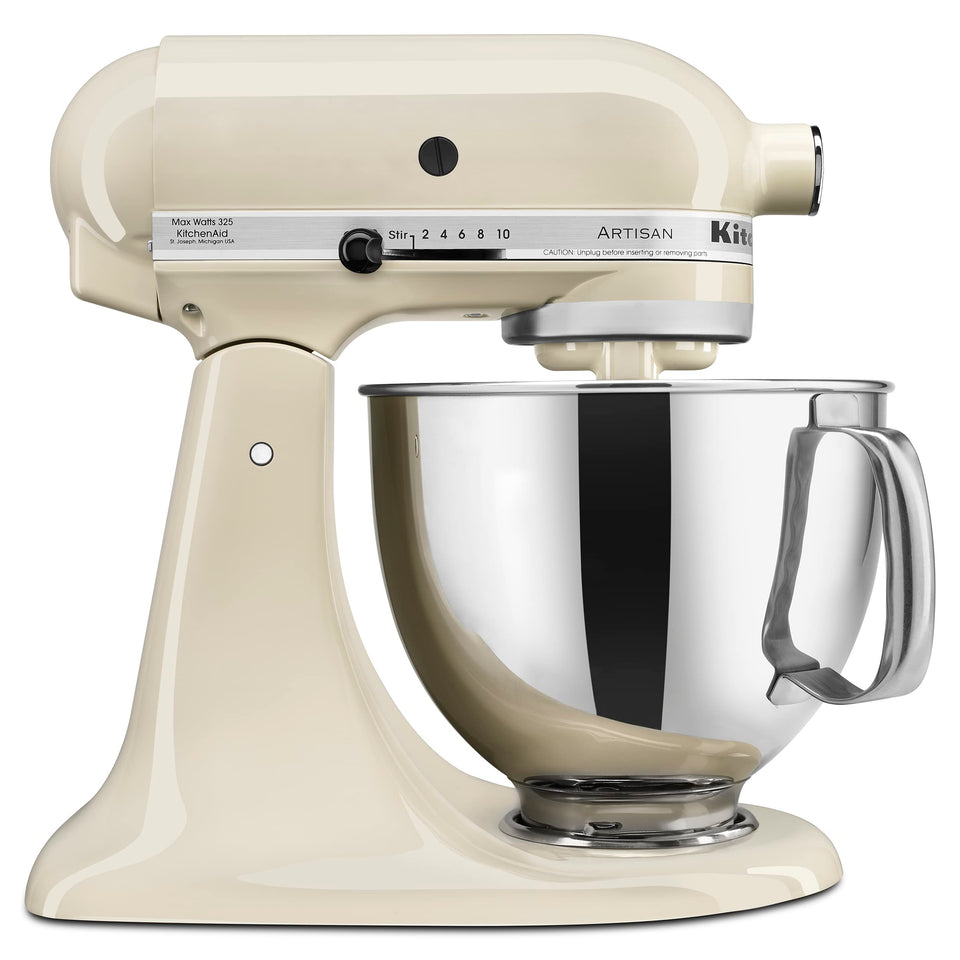 KitchenAid Artisan 5-quart tilt-head mixer almond cream bowl close-up showing large capacity.