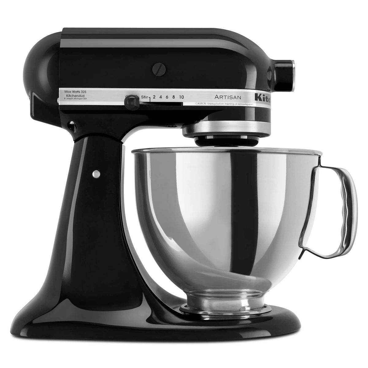 KitchenAid Artisan 5-quart tilt-head mixer with pouring shield for mess-free batter pouring.