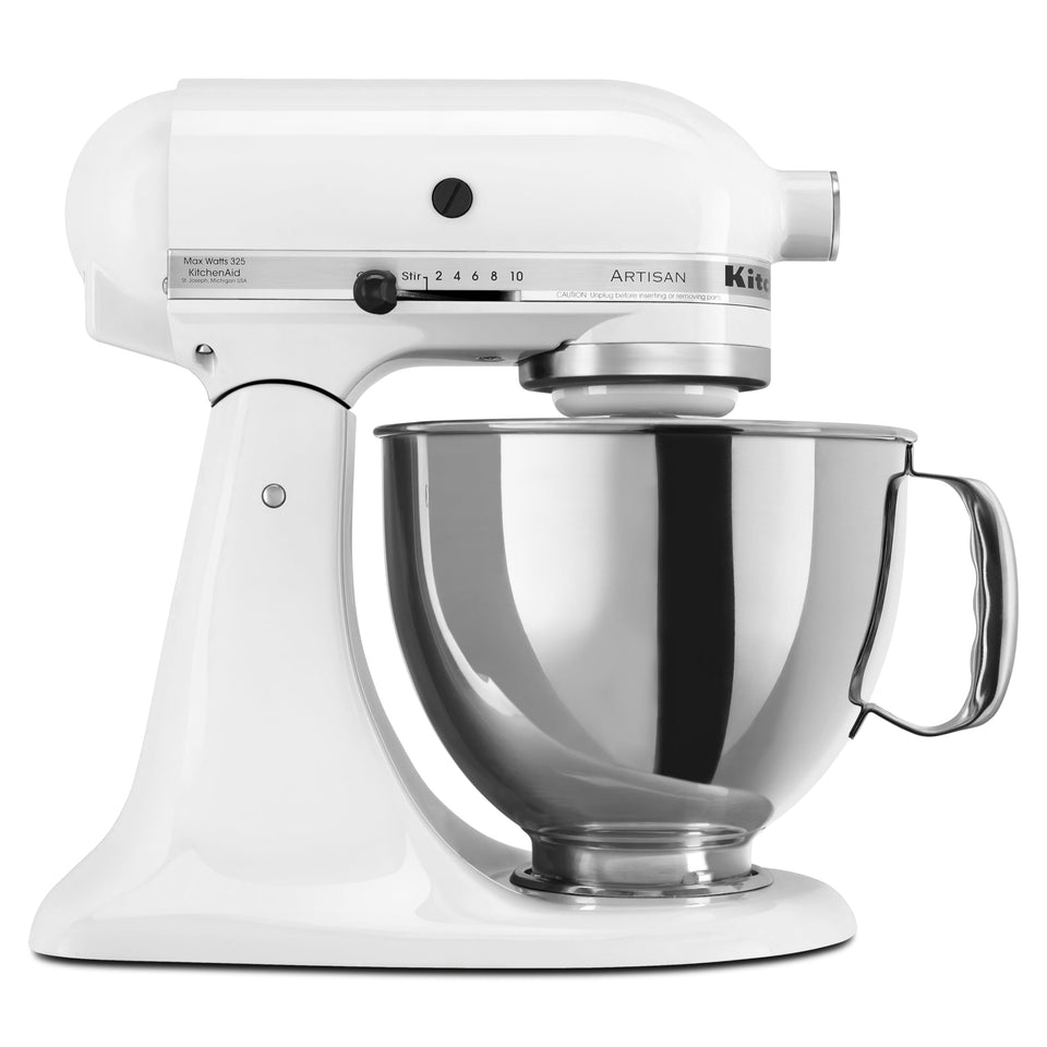 KitchenAid Artisan 5-quart tilt-head mixer white for large-batch baking and kneading.