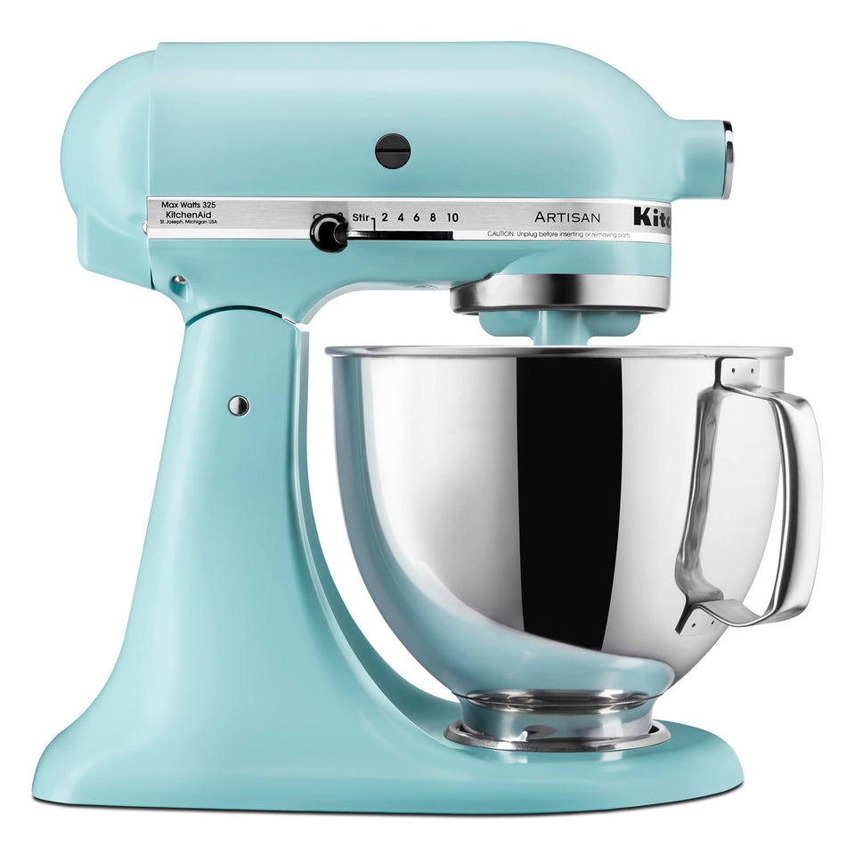 KitchenAid Artisan 5 Quart Tilt-Head mixer with stainless bowl ready for large batches.