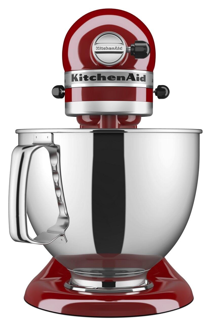 KitchenAid Artisan 5-Qt mixer bowl with ergonomic handle ready for large batches.