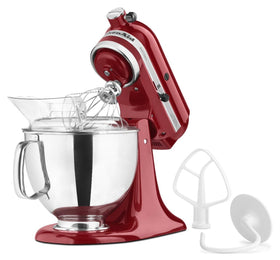 Close-up of KitchenAid Artisan 5-Qt with flat beater and dough hook.