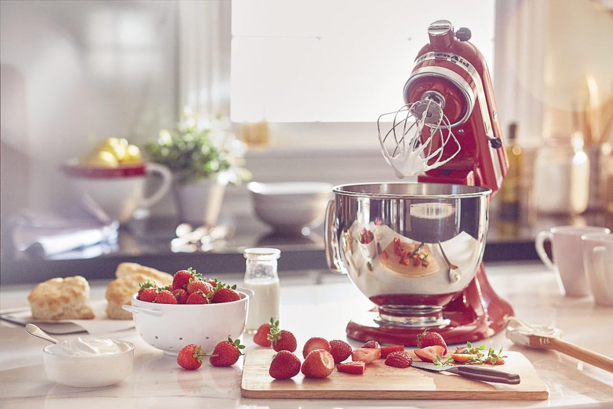 Pouring shield in place on KitchenAid Artisan 5-Qt mixer during mixing.
