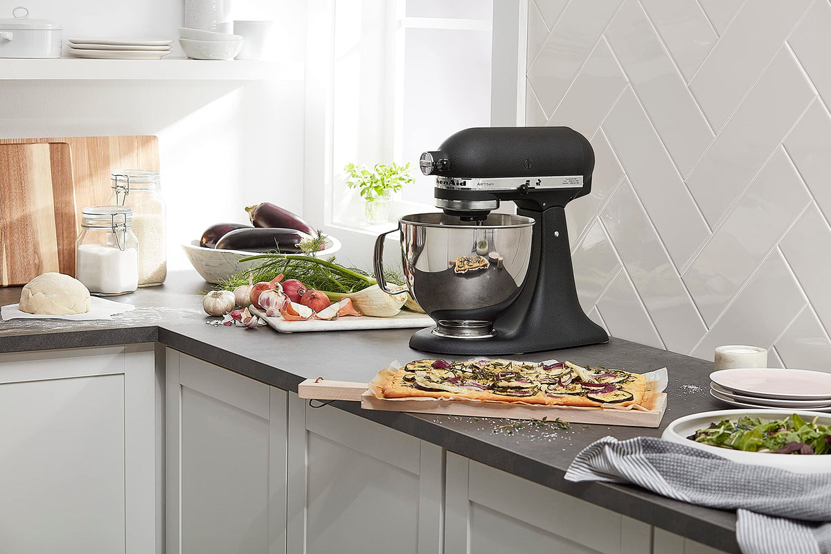 KitchenAid tilt-head mixer on counter with 36-inch cord