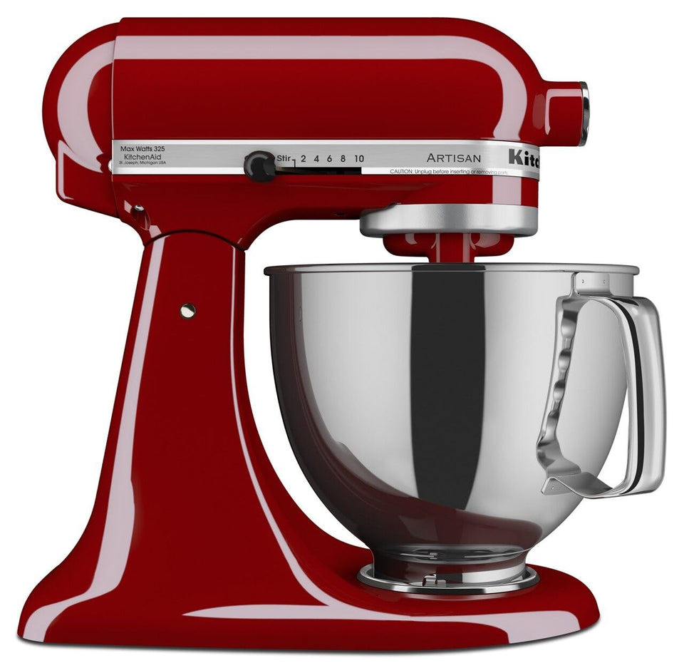KitchenAid Artisan 5-Qt Tilt-Head Mixer Empire Red with handy attachments for versatile baking.