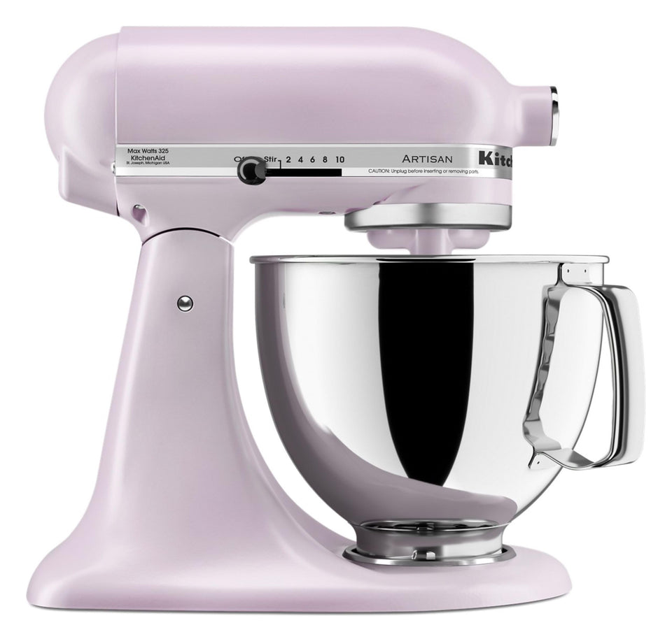 KitchenAid Artisan 5qt tilt-head mixer in Wildflower, close-up showing color and solid metal construction.