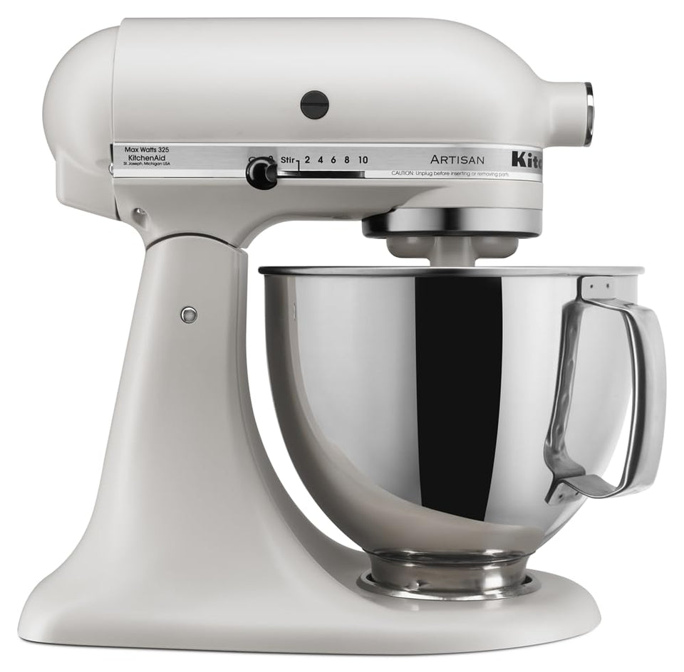 KitchenAid Artisan 5-Quart tilt-head mixer with pouring shield for easy ingredient access.